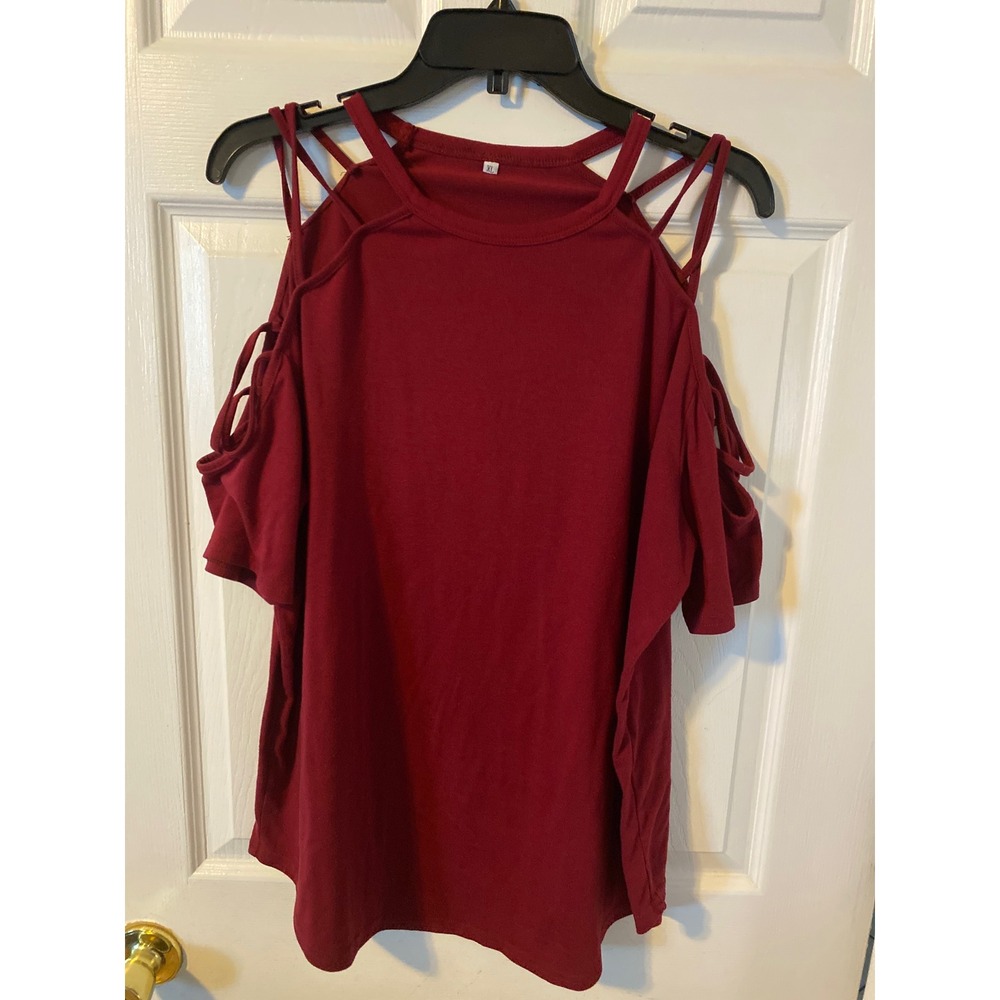 Burgundy Cold Shoulder Cage Strap Top Short Sleeve XL Wine Red Blouse